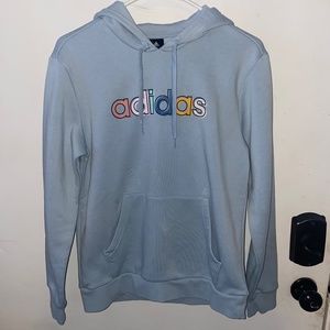 Adidas Sweatshirt Womens Small Blue with Multi-Color Logo Light Blue Size 8-10.